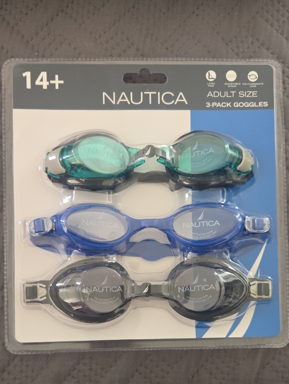 Nautica 3-Pack Adult Size Unizex Swim Goggles in Teal, Blue, Gray